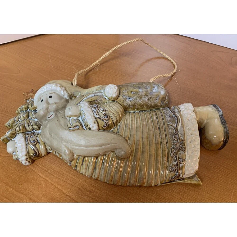 Santa Claus Ceramic Wall Hanging Tan and White W/ Twine Hanger
